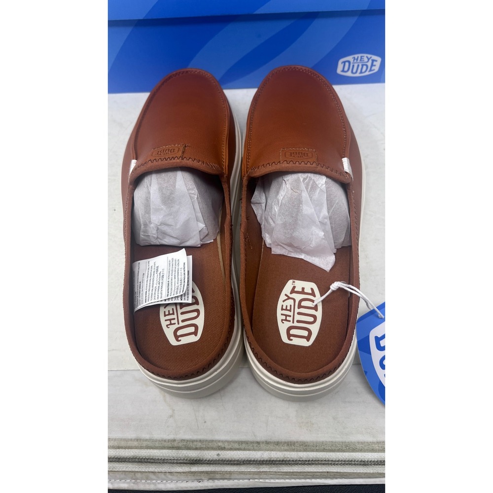 Hey Dude Austin Lift Cognac Brown Faux Leather Platform Mules Mens 9 Womens 11 - Picture 7 of 9